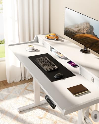 ErGear Electric Standing Desk with Drawers, 40″ x 24″ Small Gaming Table Compatible Monitor Stand, Stand up Desks, Home Office Height-Adjustable Desk with Storage Shelf, 4 Preset Heights, White
