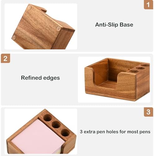 Acacia Wood Sticky Note Holder with 3 Pen Holders, 3x3 Post It Note Dispenser with Anti-Slip Pads, All-in-One Wooden Desk Organizer for Office Home School (4.0“x3.5"x2")