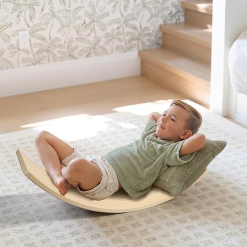 Gentle Monster Wooden Wobble Balance Board, 35 Inch Rocker Board Natural Wood, Open Ended Learning Toy, Yoga Curvy Board for Classroom & Office Adult