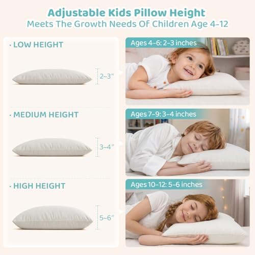 Adjustable Kids Pillow for Ages 4-12 with Organic Cotton Pillowcase