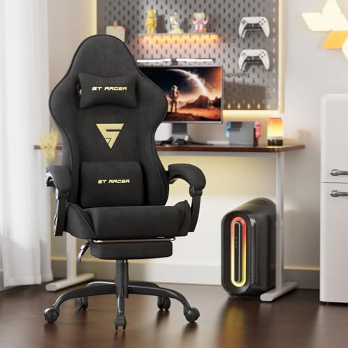 Soontrans Black Velvet Gaming Chair with Footrest, Ergonomic Reclining Computer Desk Chair, Massage Lumbar Cushion & Headrest, Comfortable Video Game Chair for Adults
