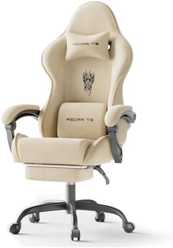 Ferghana Velvet Fabric Gaming Chair, Ergonomic Gamer Chair for Adult, Comfortable Video Game Chair with Footrest and Massage Lumbar Cushion, Racing Reclining Office Home Computer Desk Chair Beige