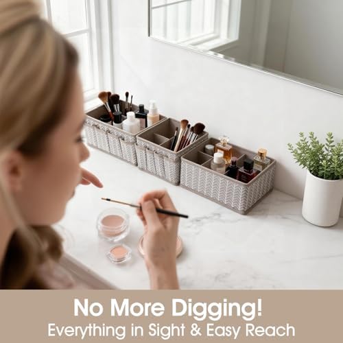 Cosmetic Storage Bins Makeup Organizer, Adjustable Multifunction Storage Box Desk Drawer Divider for Makeup Brushes, Bathroom Countertop or Dresser, Set of 4 (Grey)
