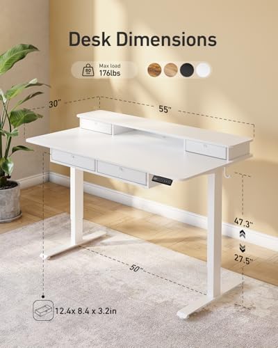 FEZIBO 55 x 30 inch Standing Electric Desk with Drawers, White