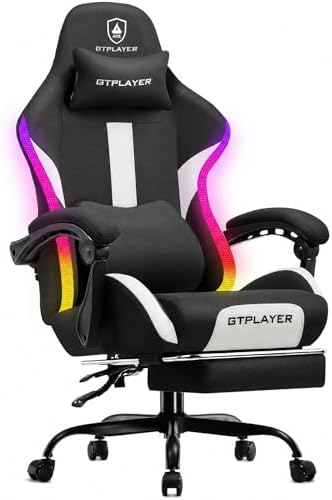 GTPLAYER RGB Gaming Chair with Footrest, LED Lights, Ergonomic Computer Chair with Linkage Armrest, Breathable Fabric for Home Office Desk - Video Game Chairs for Adults