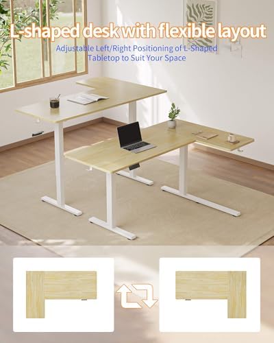 YIHAYO Reversiable L-Shaped Electric Standing Desk, 59 Inches Stand Up Corner Desk, Sit and Stand Up for Work Office Home, Ergonomic Rising Computer Table with Splice Board, Natural