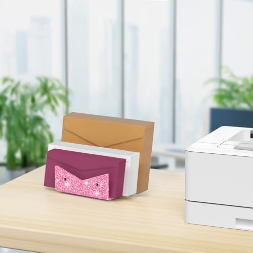 Mail Organizer Envelope Holder - 3 Compartments Glitter Pink Acrylic Mail Holder Countertop Vertical Desk Organizer Small File Bill Document Notebook Letter Sorter for Home School Office