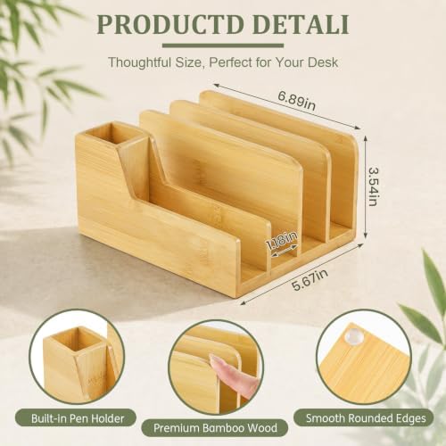 Novabright Bamboo Wood Desk Organizer with Pen Holder, 5 Slot Mail Sorter