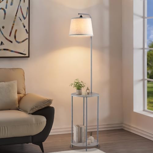 Floor Lamp with Table, 2-in-1 Side Table Floor Lamp with Linen Shade