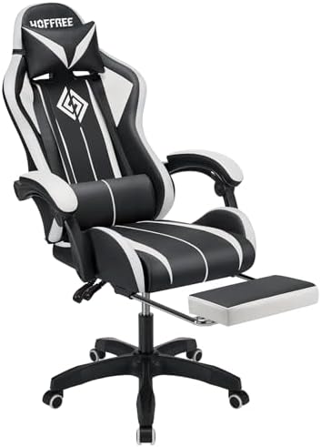 HOFFREE RGB Gaming Chair with Speakers Massage LED Lights Game Chair-White