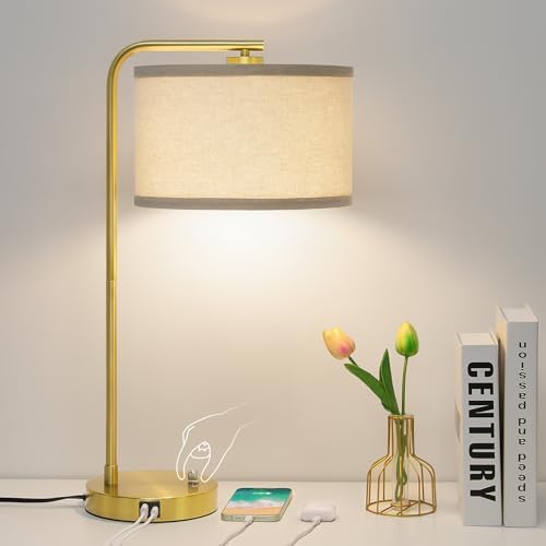 Mordern Gold Table Lamp, Fully Dimmable Bedside Lamp with C+A USB Ports