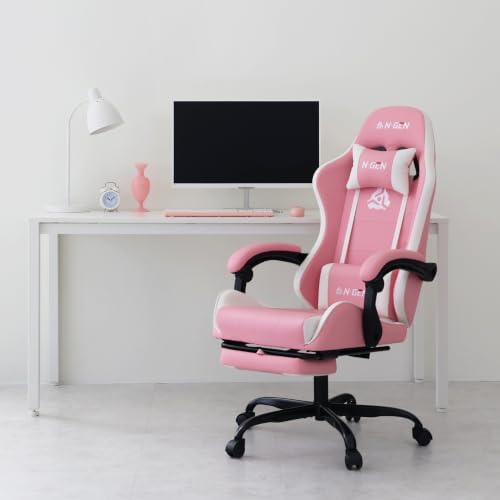 N-GEN GAMING Gaming Chair with Footrest, Lumbar, High-Back, Pink White