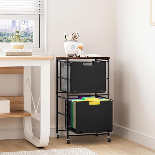 EasyPAG Rolling Storage Cart with 2 Drawers, Under Desk File Cabinet on Lockable Wheels, Movable Letter Size Hanging File Folder Organizer with Wooden Printer Stand for Home Office, Black