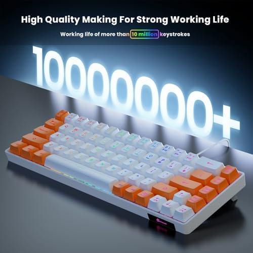 GEODMAER 65% Gaming Keyboard, LED Backlit Mini Wired Keyboard, Ultra-Compact Anti-Ghosting No-Conflict 68 Keys Membrane Gaming Wired Keyboard for PC Laptop Windows Gamer(White-Orange)