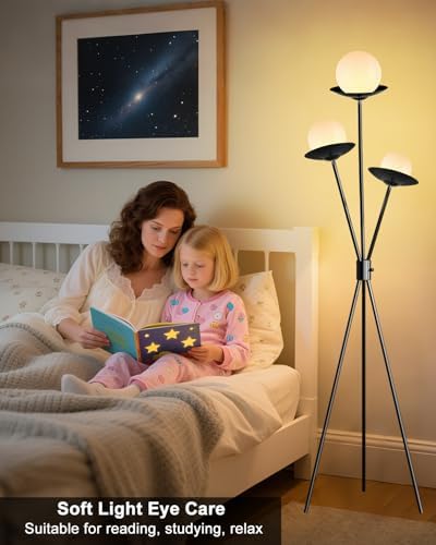 3 Globe Dimmable Tripod Floor Lamp, Mid Century Standing Lamps with 3Pcs 3000K Bulbs Included, Modern Black Tall Lamp for Living Room Bedroom Home Office Sofa Beside Corner Decor