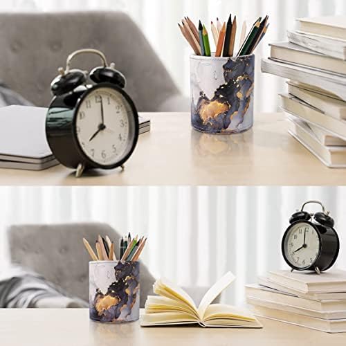 Round Leather Pen Holder for Desk, Gold Marble