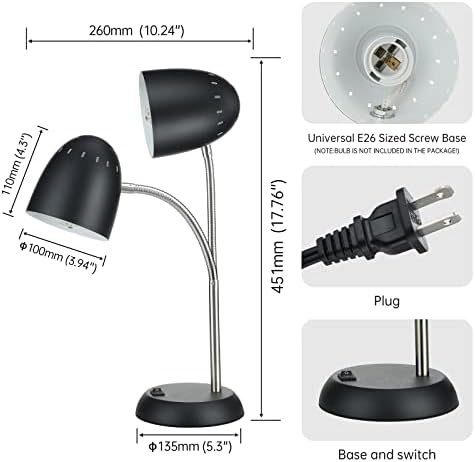 Eye-Caring Table Lamp of Simple Designs Home E26 Led Screw Basic Metal Desk Lamp with Flexible Gooseneck Hose Neck Study Lamp for Bedroom Office Living Room Convenient On/Off Switch(Black)