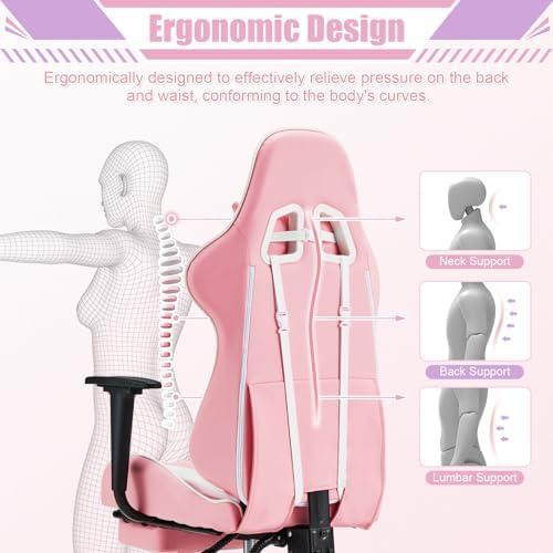 Pink Ergonomic High Back Massage Gaming Chair with Footrest
