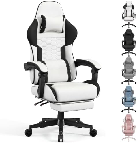 LUCKRACER Gaming Chair with Footrest and Pocket Spring Cushion, 90°-155° Reclining Ergonomic Computer Chair, 4" Height Adjustable, Lumbar Support, SGS Class 3 Gas Lift, White