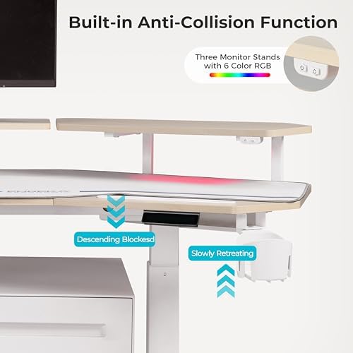 EUREKA ERGONOMIC Standing Desk,63" Electric Adjustable Height Computer Desk,Wing Shaped Music Studio Desk, LED Monitor Stands, Dual Motor&Slot, Maple