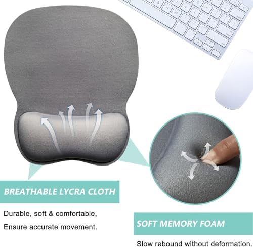 Mouse Pad with Wrist Support, Ergonomic Mousepad with Comfortable Memory Foam Wrist Rest Cushion, Relieve Wrist Pain, Non-Slip Rubber Base Gaming Mice Pad for Home Office Computer Laptop, Light Grey