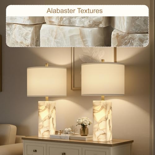 Scenekoy 23" Alabaster Table Lamp Set of 2 with Night Light for Living Room