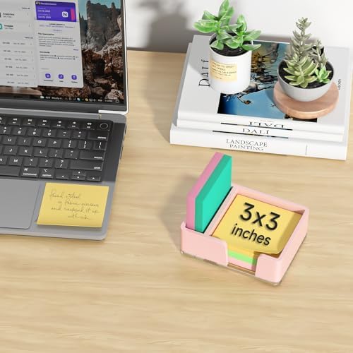 Sticky Note Holder with Pen Slot, Pink Acrylic Notepad Holder 3x3 in Self-Stick Note Dispenser Office Desk Accessories, Memo Pad Holder Organizer for Classroom School Supplies