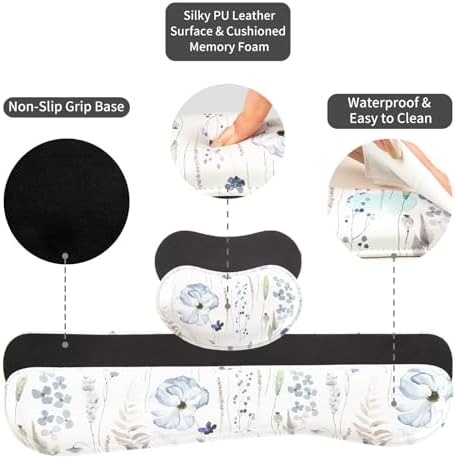 QiyI PU Leather Desk Mat Set, 4-in-1 Ergonomic Wrist Rest, Wildflowers