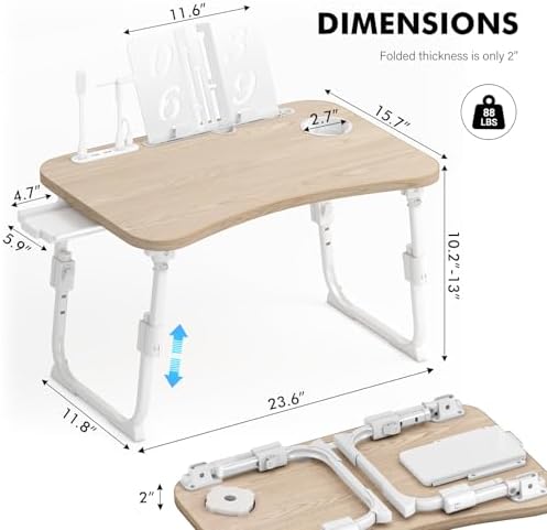 Lap Desk for Bed Adjustable Height, Foldable Bed Table with Storage Drawer, Tablet Slot & Cup Holder, Portable Laptop Stand for Bed & Sofa, Bed Desk for Adults & Kids, Glacier