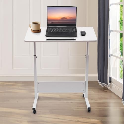 Adjustable Height Standing Desk 32-47", 24"Writable Tempered Glass Desktop with Eraser, Lockable Wheels & Storage Bag, Portable Mobile Sit Stand Laptop Desk for Small Spaces Home Office White