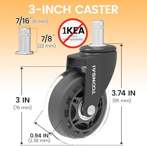 3 Inch Office Desk Chair Wheels Replacement, Stem 7/16-7/8 (-Black)