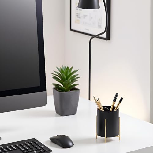 Sturdy Pen Holder Simple and elegant for Desk Matte Pencil Holder Ceramic Cute Desktop Organizer Brush Holder Cup (Black and Gold Plated)