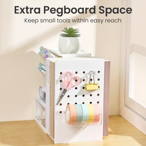 Sooez Desk Organizer with Bookends, Pegboard & Drawer, Pen & Pencil Holder
