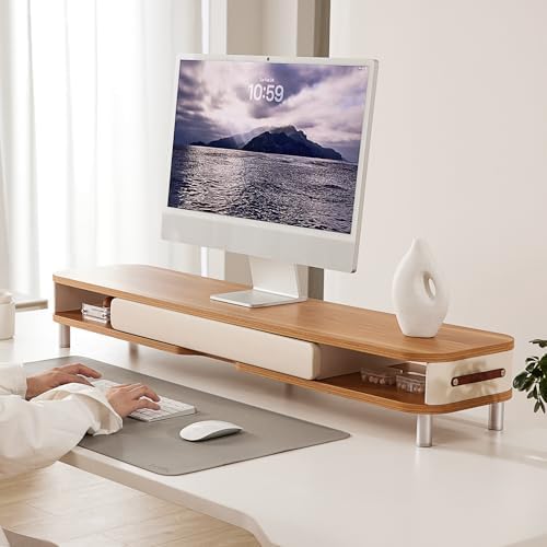 Fenge Dual Monitor Stand with Large Storage Drawer, 42.5" Desk Shelf, Oak