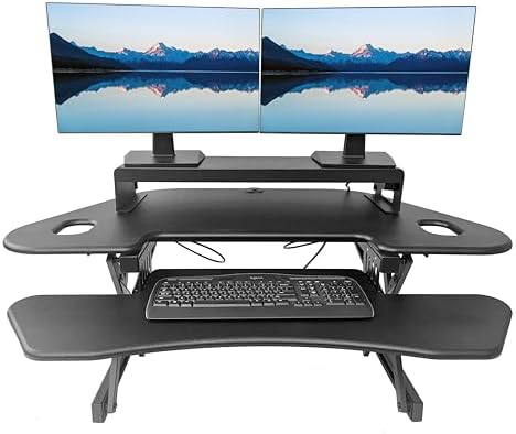 Rocelco 46" Height Adjustable Corner Standing Desk Converter with AC Outlet USB Charger and Dual Stand - Tabletop Computer Riser Workstation - Large Keyboard Tray - Black (R CADRB-46-ACUSB-DMS)