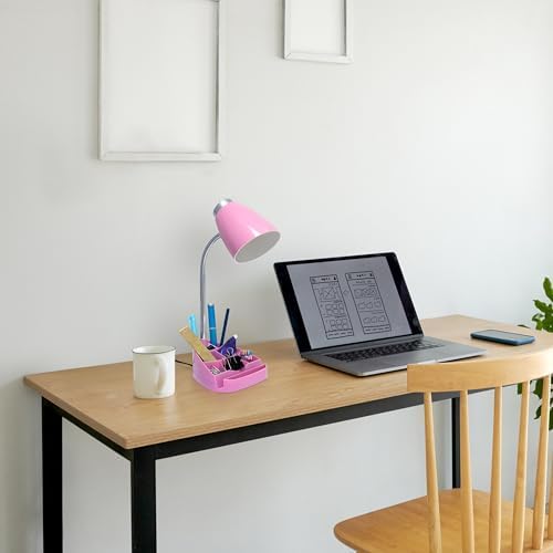 Simple Designs LD1067-PNK Compartmental Desk Lamp with iPhone/iPad/Tablet Stand, Bendable Gooseneck, for Office, Living Room, Nightstand, Library, Entryway, Pink