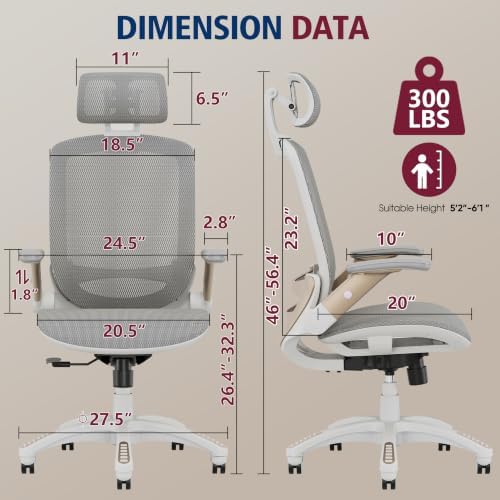 GABRYLLY Ergonomic Office Chair, High Back Home Desk Chair with 2D Flip-Up Arms, 3D Headrest, 90-120° Tilt and Wide Cushion, Big and Tall Mesh Chairs for Man Woman, White Computer Task Chair