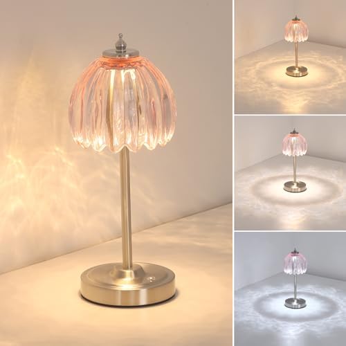 Shenmoyl Tulip Table Lamp with 5200mAh Battery & Touch Control, Cordless Small Table Lamp with 3 Colors, Dimmable Rechargeable Table Lamps for Living Room, Bedroom, Desk, Bedside (Clear Pink Tulip)