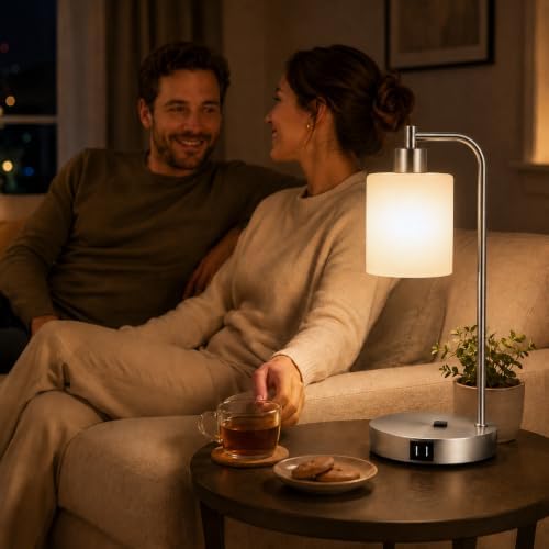 Set of 2 Industrial Touch Control Table Lamps with 2 USB Ports and AC Outlet - 3-Way Dimmable Nickel Bedside Lamp Nightstand Desk Lamps for Bedroom Living Room, Opal Glass Shade & 2 LED Bulbs Included