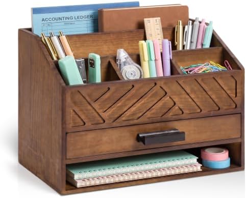 Wooden Desk Organizer with 7 Compartments and Drawer, Rustic Desktop Mail Organizer for Desk, Wooden Mail Sorter Organizer with Deep Pockets, File Holder and Sturdy Black Handle for Home Office-Brown