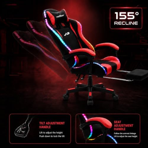 Redeer Led RGB Gaming Chair with Speakers Massage & Footrest, Reclining Gamer Chair for Adults, Video Game Chairs with Canopy, Heavy Duty Gaming Chair Massage, 350LBS RED