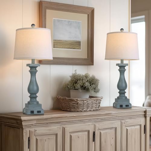 28" Tall Farmhouse Table Lamps Set of 2 with USB C+A Ports and AC Outlet, 3 Way Touch Control Rustic Bedside Lamp for Bedroom, Blue Vintage Nightstand Lamp for Living Room Office