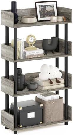 Furinno TURN-N-TUBE 4-Tier Display Shelf, Storage Shelves, Book Shelf, Open Shelves with Rounded Corner Top Edges, for Organization and Storage, Living Room, Home Office, French Oak