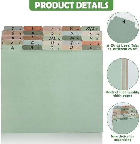 1 Set A-Z Alphabetic and Number Top Label Files, Legal Size, 25 Sheets File Dividers 1/5 Cut Label File Cabinet Dividers Desk Organizer for Office, Home and School (Morandi)