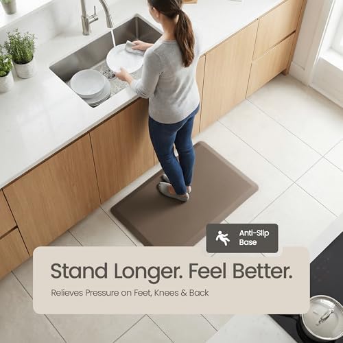 Anti Fatigue Kitchen Mats for Floor | Padded Kitchen Rugs | Non Slip, Cushioned Standing Desk Mat | Waterproof Floor Mat for Home and Office | 17.3" x 28" X 0.47", Brown, 1-Pack | More Décor