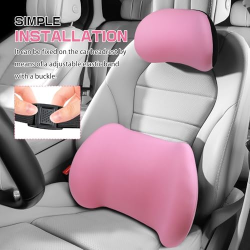 2PCS Car Neck Pillow and Lumbar Support Pillow Set, Ergonomic Memory Foam Back & Neck Support Pillows for Car Seat, Office Chair, Driver Head & Back Cushion and Pain Relief (Pink)