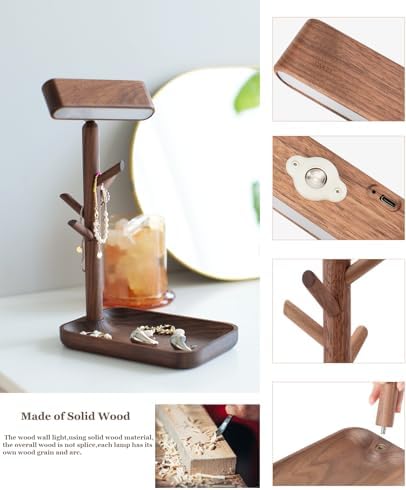 Rechargeable Table Lamp, Unique Wooden Bedside Lamp with Tray