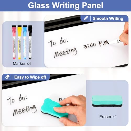 DOLLAR BOSS 12"x7" Small Glass Desktop Whiteboard, Black