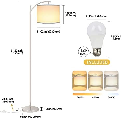 Floor Lamp for Living Room with 3 Color Temperatures LED Bulb, Standing Lamp Tall Industrial Floor Lamp Reading for Bedroom, Office (9W LED Bulb, White Lampshade Included) -Silver
