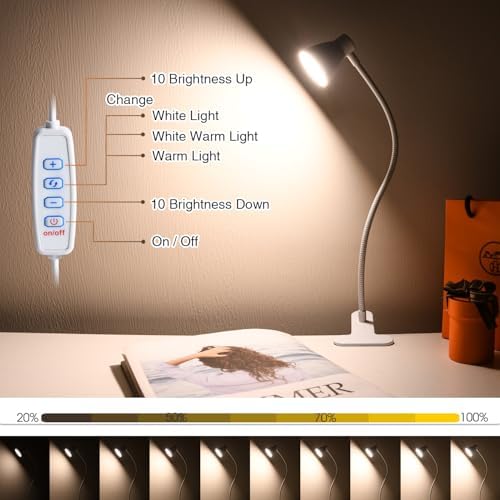 Clamp Desk Lamp, Clip on Reading Light, 3000K-6500K Adjustable Color Temperature, Multiple Illumination Modes, CRI>90, 6Watts (Adapter Included)